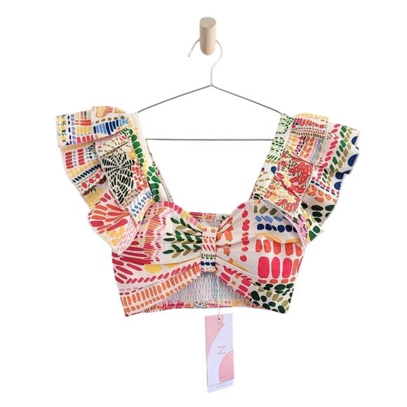 ANI Tropical 2 Piece Set Ruffle Crop Top & High Waist Wide Leg Pants Resortwear - Picture 2 of 15